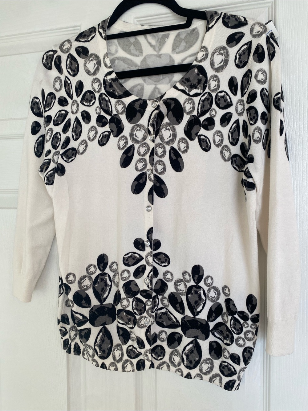 Joseph A White Cardigan with Black Gemstone Print and Rhinestone Buttons Size S
